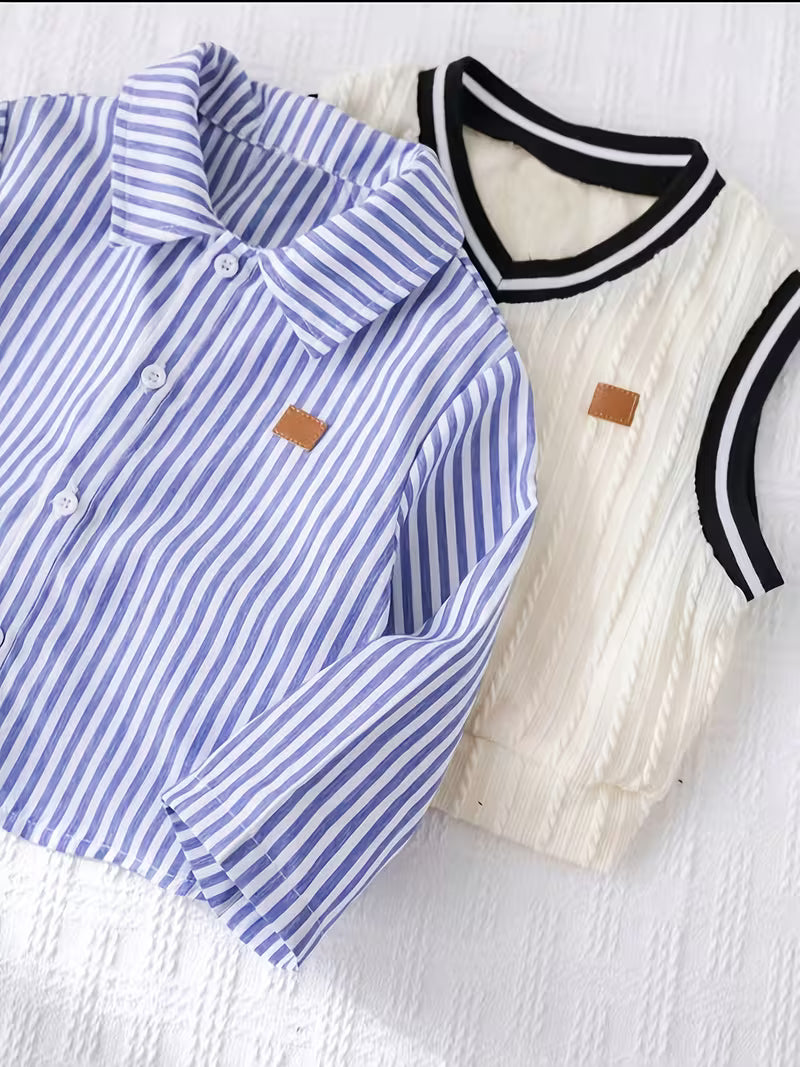 Striped Shirt, Cable Knit Vest &amp; Classic Khaki Pants Set