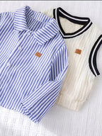 Striped Shirt, Cable Knit Vest &amp; Classic Khaki Pants Set