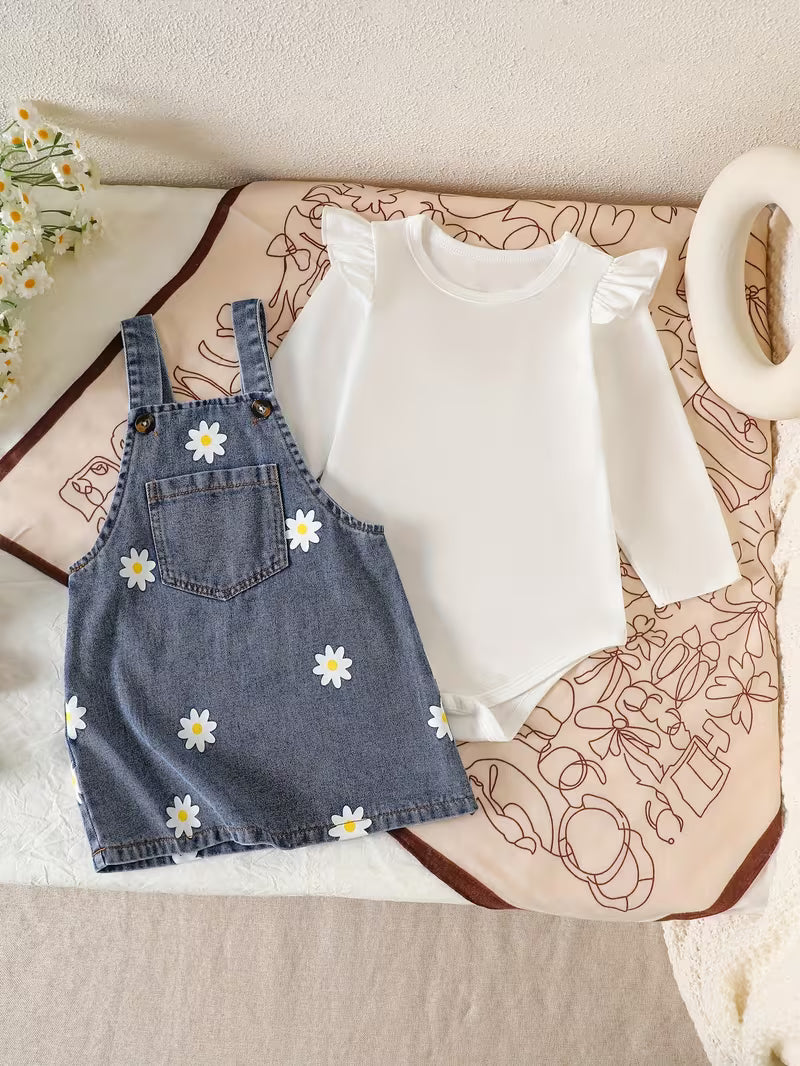 Pure White Long-sleeved Romper with Flutter Sleeves Paired with a Denim Floral Print