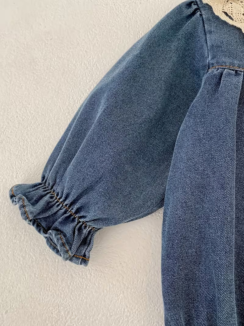 Baby Girl Denim Romper with Contrast Lace Details