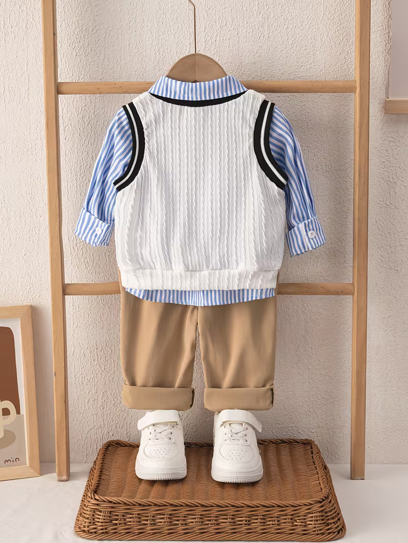 Striped Shirt, Cable Knit Vest &amp; Classic Khaki Pants Set