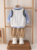 Striped Shirt, Cable Knit Vest &amp; Classic Khaki Pants Set