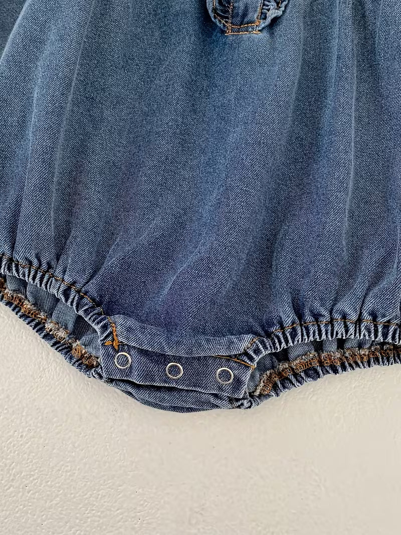 Baby Girl Denim Romper with Contrast Lace Details