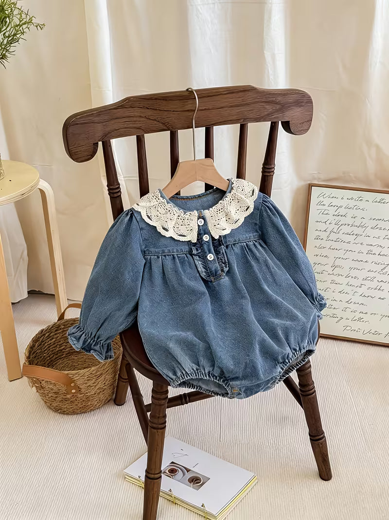 Baby Girl Denim Romper with Contrast Lace Details