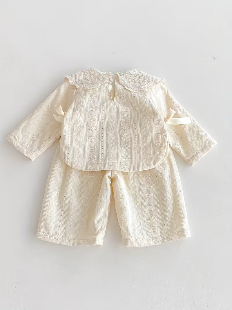 Lace-Collared Top And Wide-Leg Pants