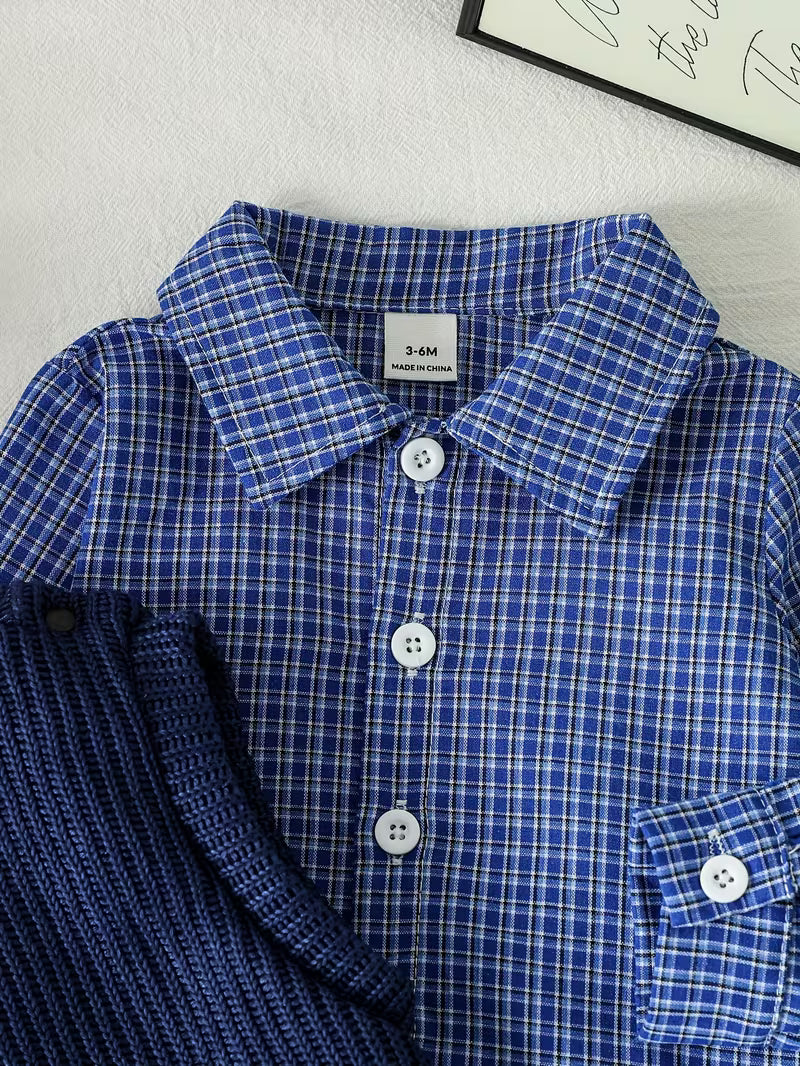 Long-Sleeve Shirt, Vest & Trousers Plaid Set