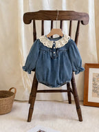 Baby Girl Denim Romper with Contrast Lace Details