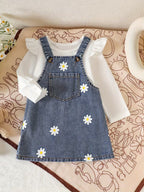 Pure White Long-sleeved Romper with Flutter Sleeves Paired with a Denim Floral Print