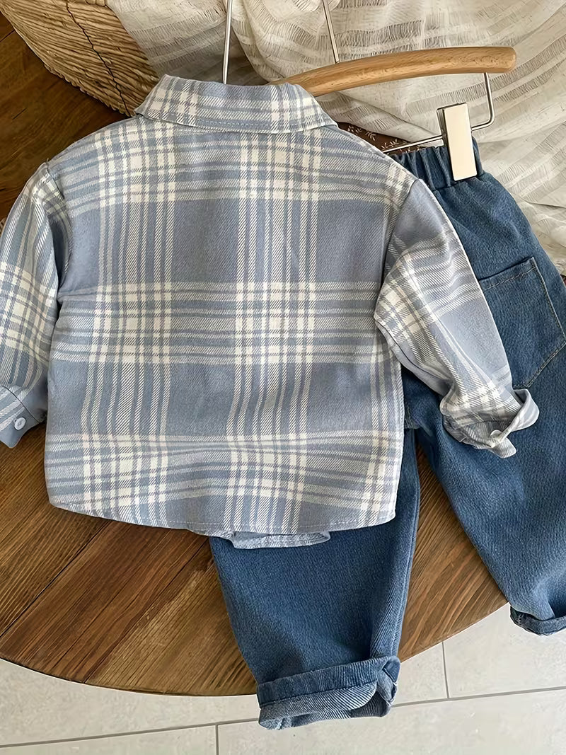 Casual Lapel Striped Shirt & Denim Trousers Two Piece Set