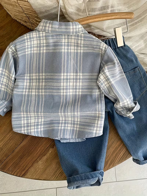 Casual Lapel Striped Shirt & Denim Trousers Two Piece Set