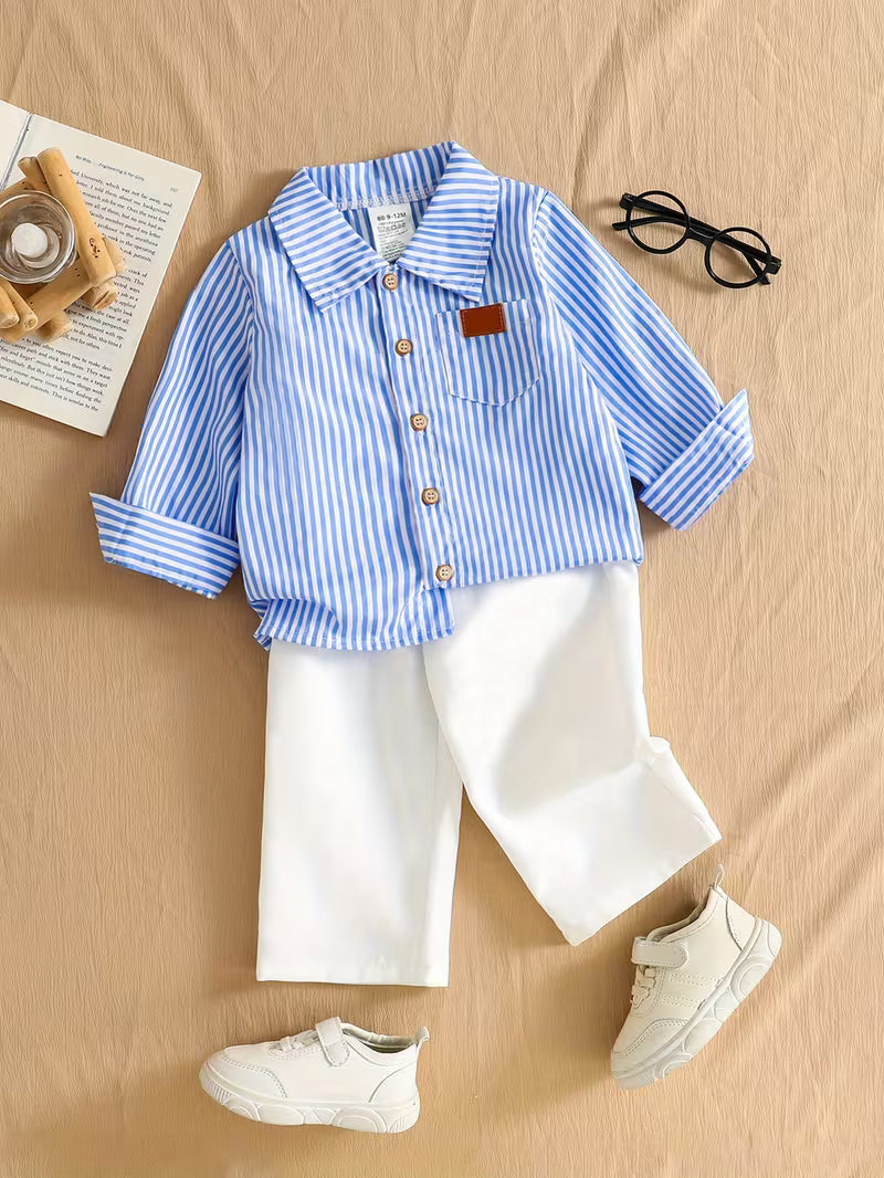 Striped Shirt Top & Elastic Waist Casual Pants