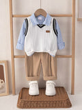 Striped Shirt, Cable Knit Vest &amp; Classic Khaki Pants Set