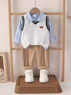 Striped Shirt, Cable Knit Vest &amp; Classic Khaki Pants Set