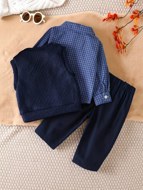 Long-Sleeve Shirt, Vest & Trousers Plaid Set