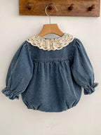 Baby Girl Denim Romper with Contrast Lace Details
