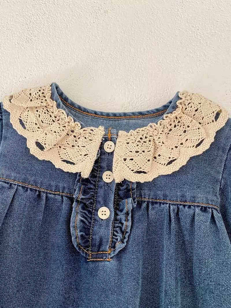 Baby Girl Denim Romper with Contrast Lace Details