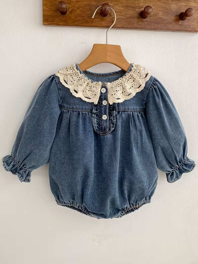 Baby Girl Denim Romper with Contrast Lace Details