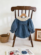 Baby Girl Denim Romper with Contrast Lace Details