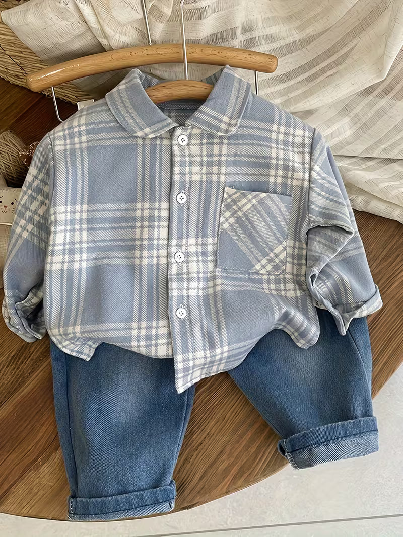 Casual Lapel Striped Shirt & Denim Trousers Two Piece Set