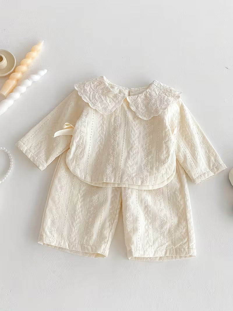 Lace-Collared Top And Wide-Leg Pants